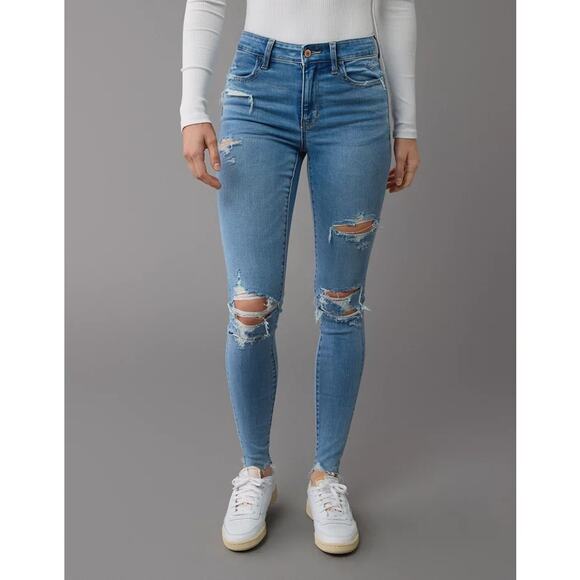 NWT American eagle 00 TALL distressed hi rise jeggings jean 24" waist stretch - Picture 1 of 12